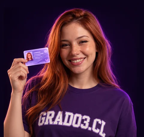 Valentina, con polera morada GRADO3.CL, mostrando un documento de ejemplo junto a su rostro